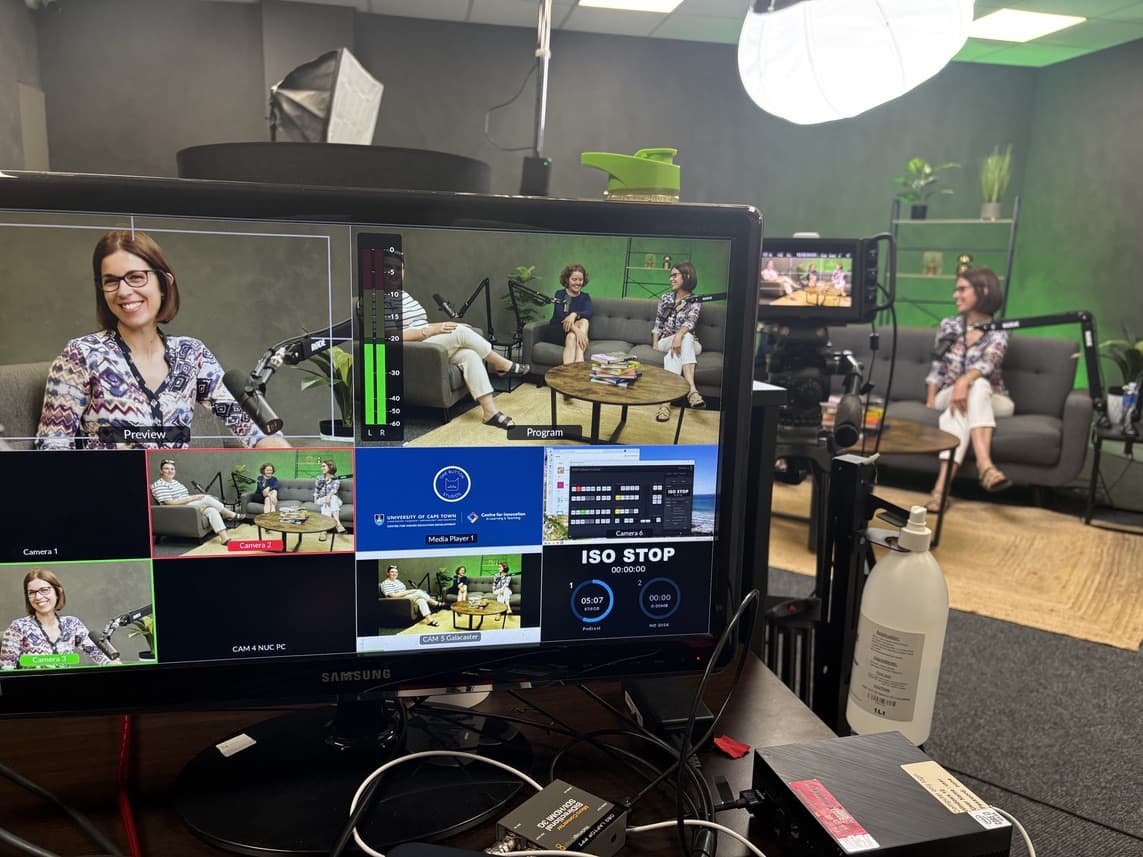 A recording session for When the Code Speaks: a vision mixer showing camera feeds of guests on a studio sofa